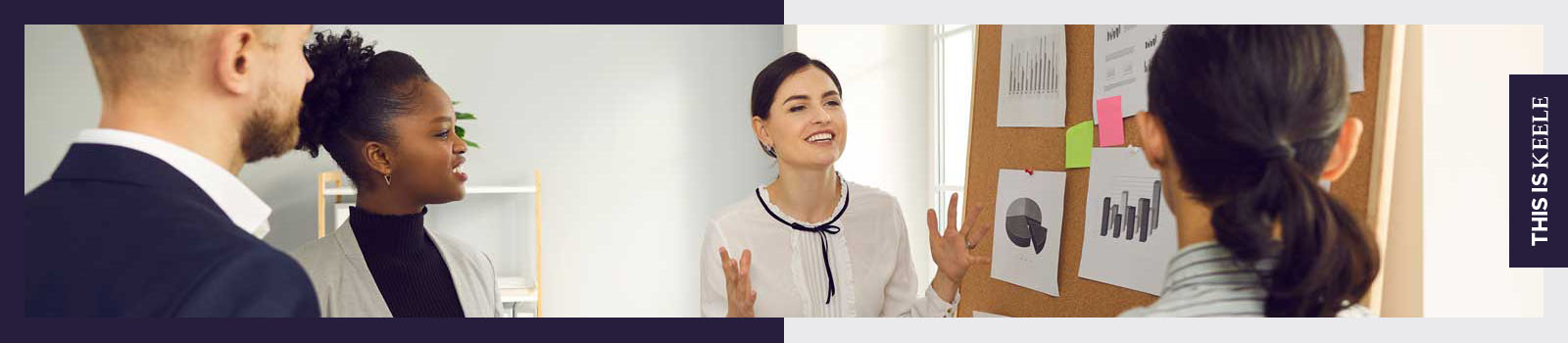 Businesswoman talking to her team in front of white board
