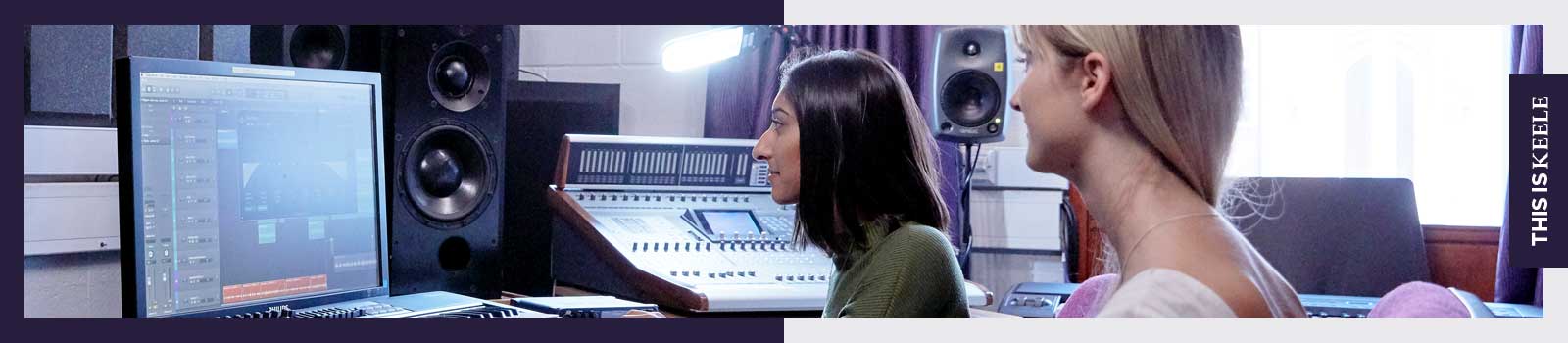 Students using music equipment