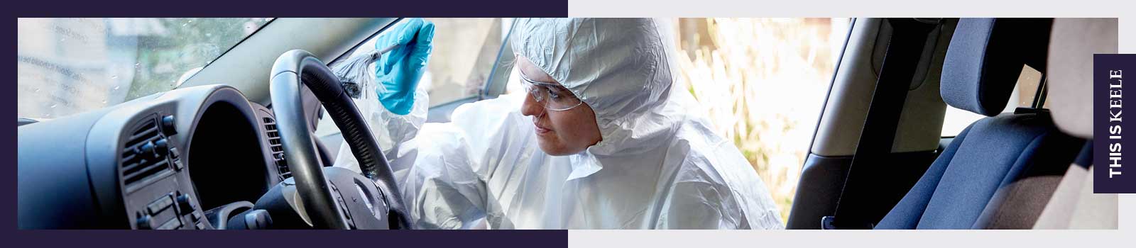 Keele student performing a forensic investigation on a car