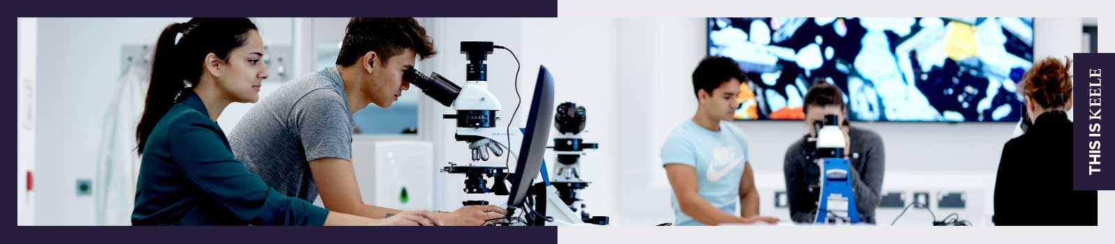 Geology students looking through microscopes in a lab at Keele University