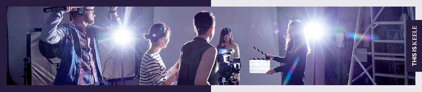 Keele University students using media equipment including camera, microphone, lights