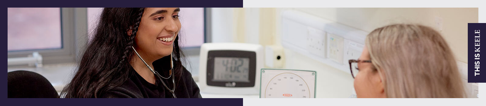 Female Keele Physicians Associate students taking blood pressure on campus